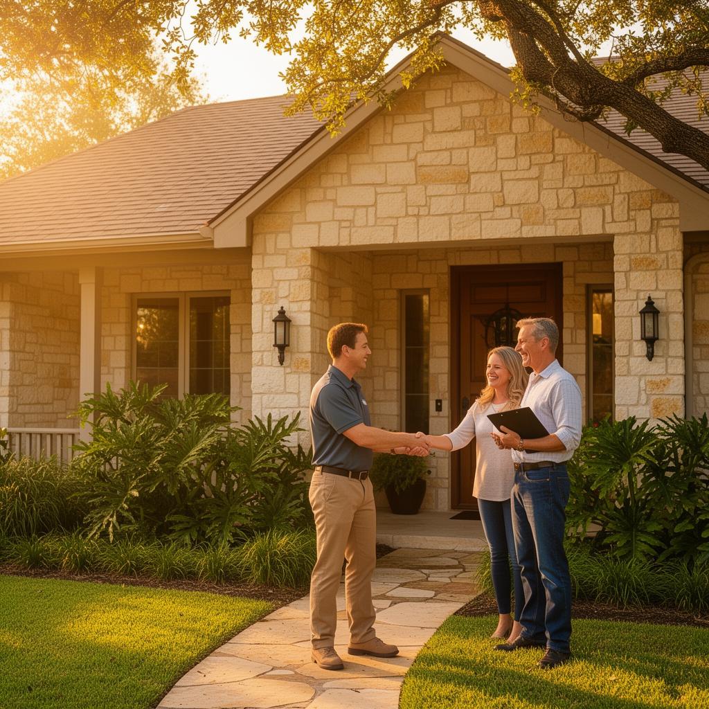 Friendly TrueNest inspector greeting homeowners at front door of an Austin Texas home